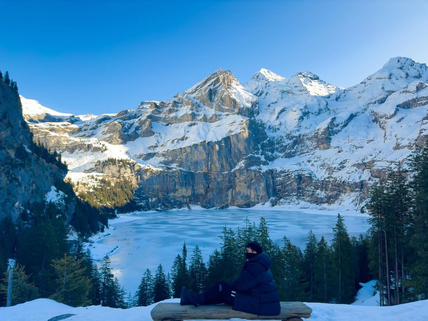 Oeschinensee Lake Switzerland with Alps mountain view