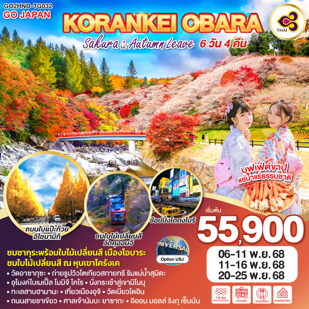 ทัวร์ญี่ปุ่น KORANKEI OBARA SAKURA & AUTUMN LEAVE 6วัน 4คืน (TG)