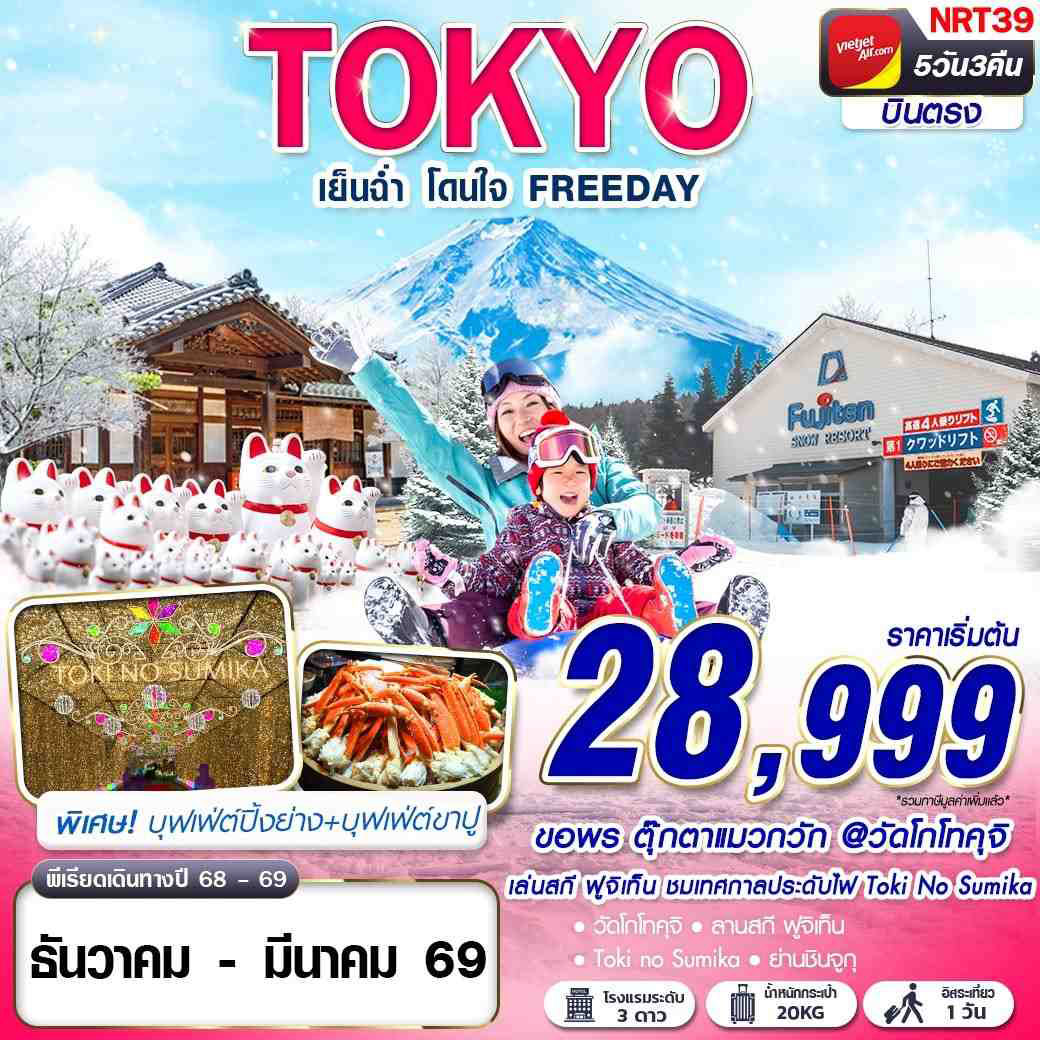 ทัวร์ญี่ปุ่น TOKYO WINTER เย็นฉ่ำ โดนใจ (ฟรีเดย์) 5คืน 3วัน (VZ)