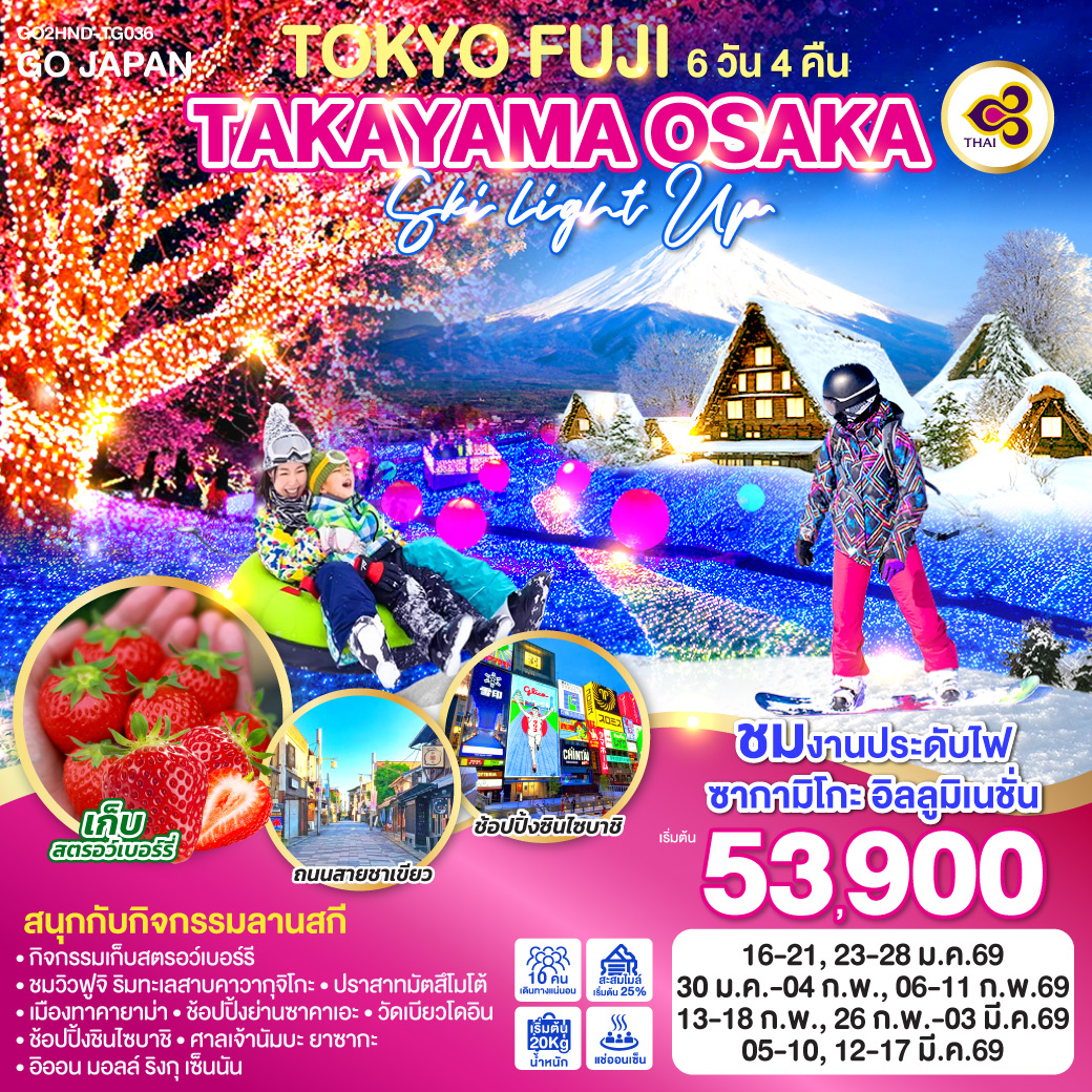 ทัวร์ญี่ปุ่น TOKYO FUJI TAKAYAMA OSAKA SKI LIGHT UP 6วัน 4คืน (TG)