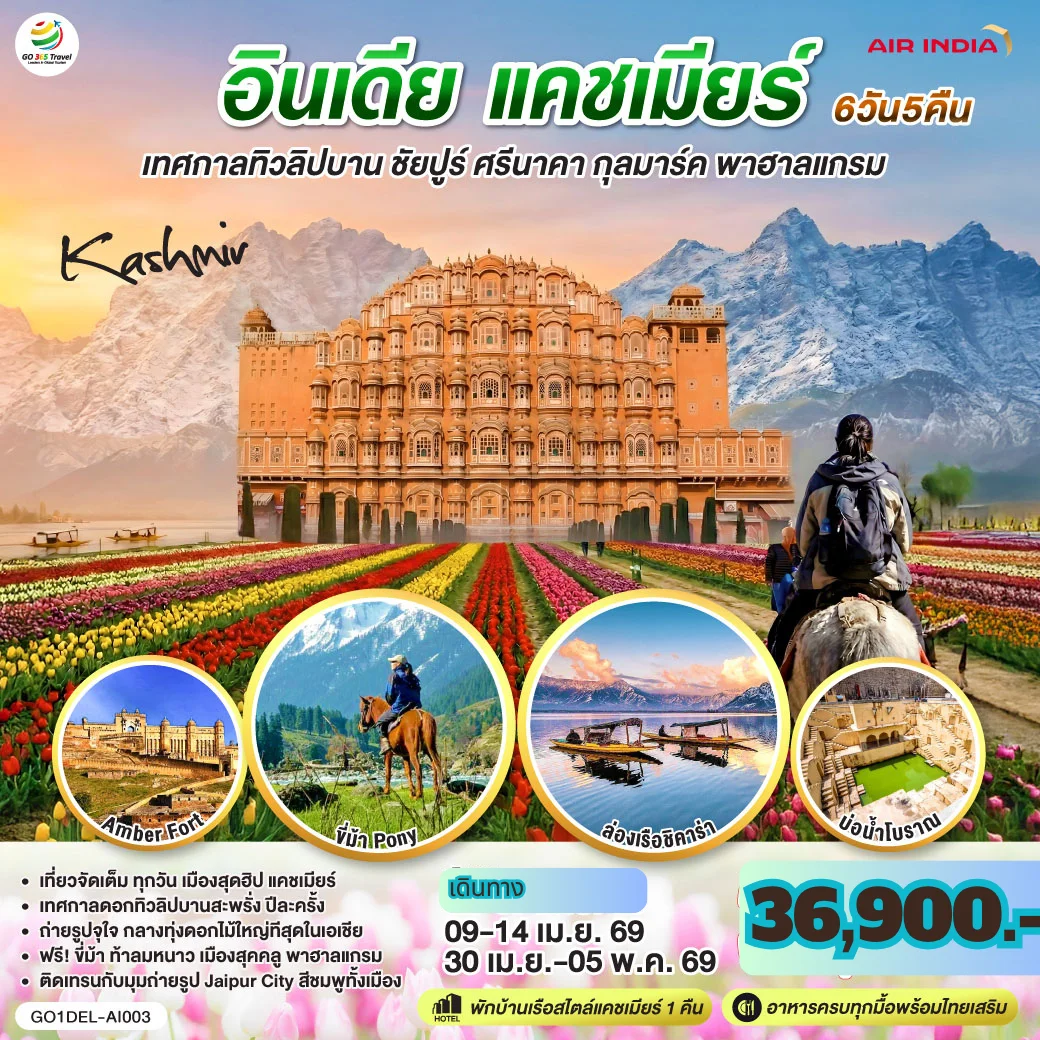 ทัวร์อินเดีย เทศกาลทิวลิปบาน แคชเมียร์ ชัยปูร์ KASHMIR กุลมาร์ค พาฮาลแกรม 6วัน 5คืน (AI)