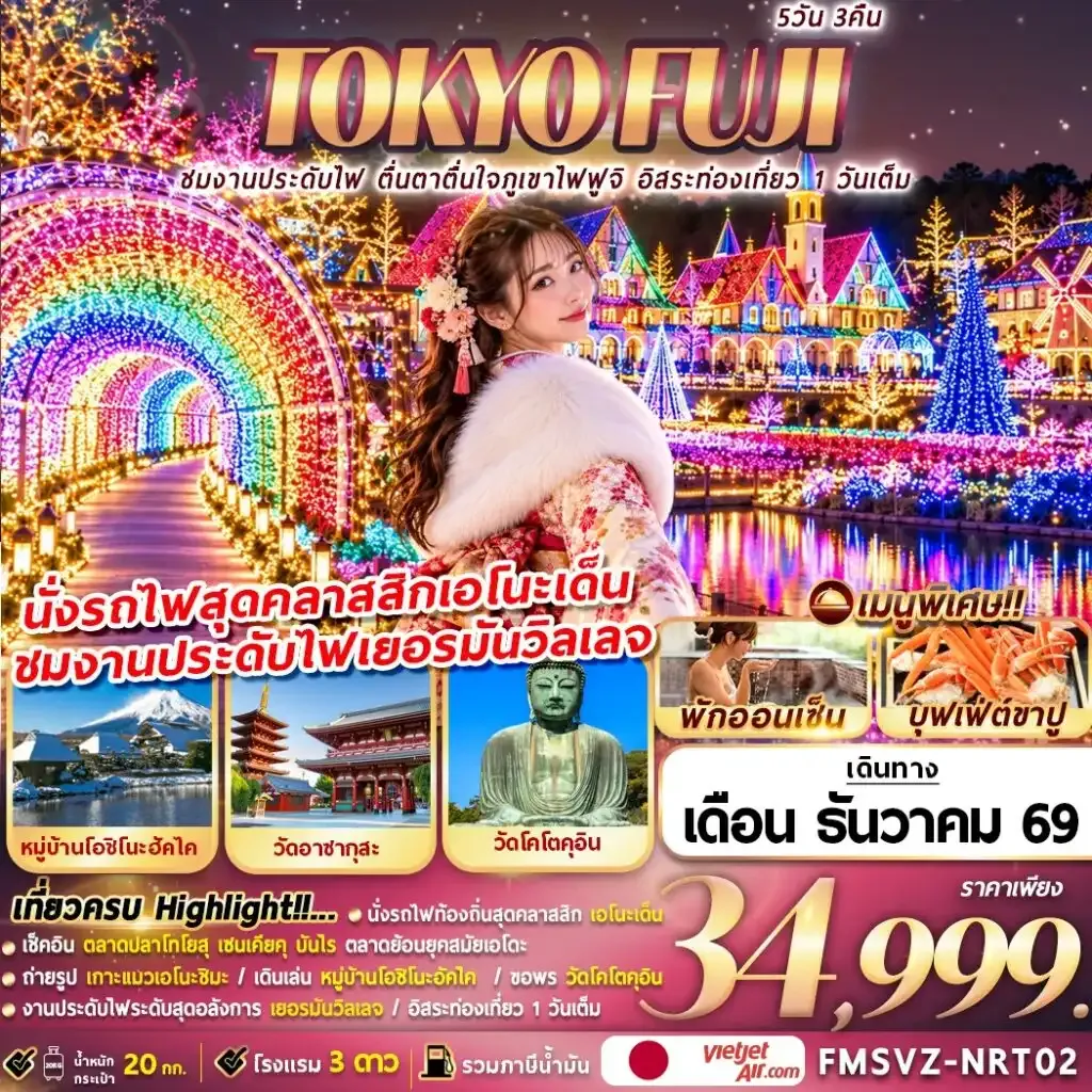 ทัวร์ญี่ปุ่น TOKYO FUJI ชมงานประดับไฟ ตื่นตาตื่นใจภูเขาไฟฟูจิ อิสระท่องเที่ยว 1 วันเต็ม 5วัน 3คืน (VZ)